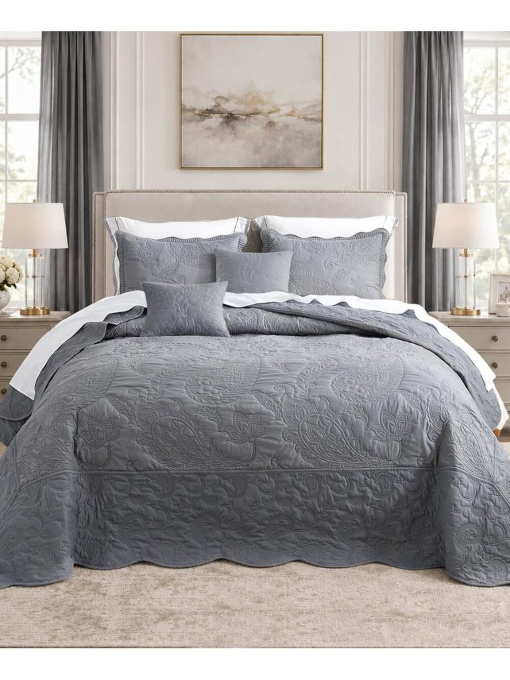 Oversized King Bedspreads, Stitched Paisley, Ultimate Gray